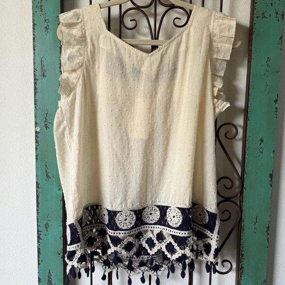 Summer top by Solitaire, gauze and contrasting blue decorative embroidery. - Picture 8 of 8